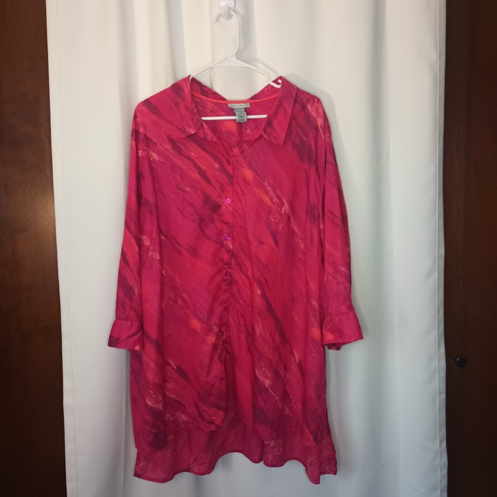 Catherines Womens 4X Artsy Button Up Top Pink Abstract Cotton 3/4  Roll Tab